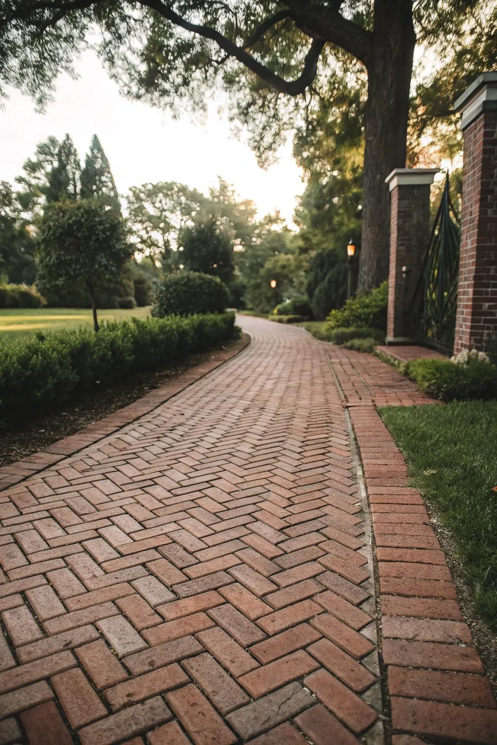 A traditional brick walkway laid in a timeless herringbone pattern.