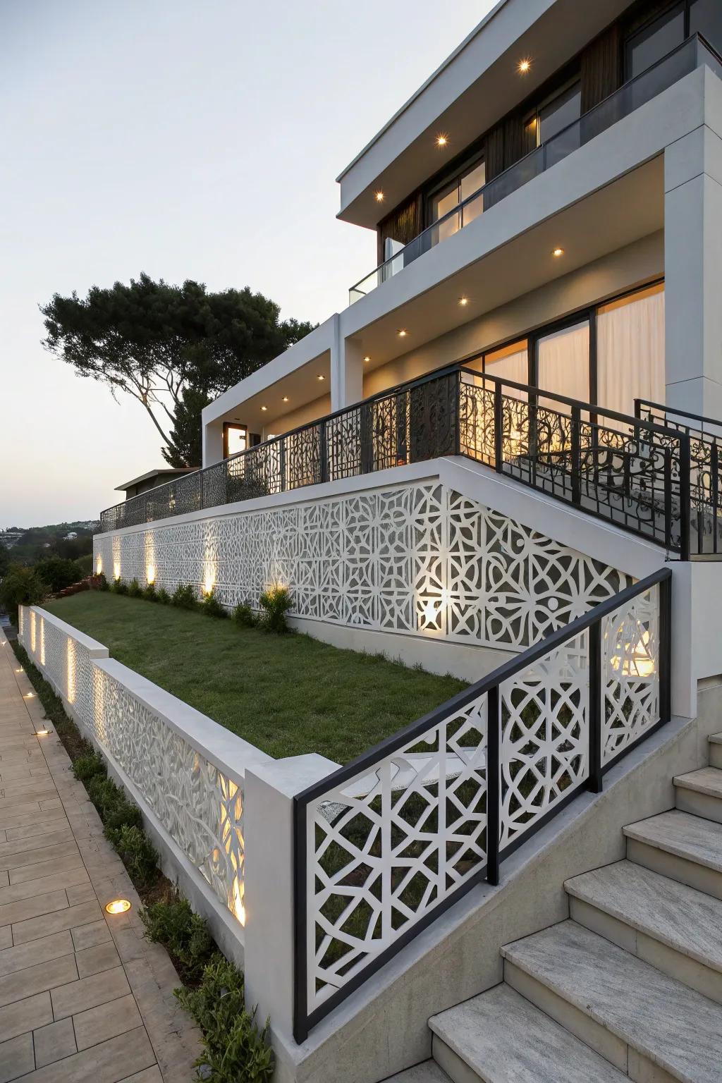 Geometric railings are a bold and artistic statement.