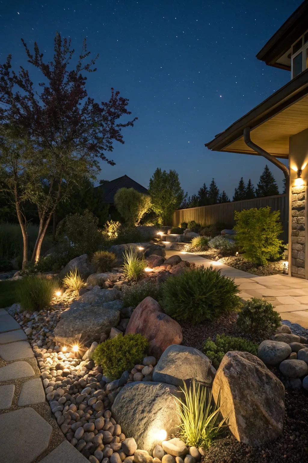 A front yard rock garden illuminated with strategic lighting for evening ambiance.