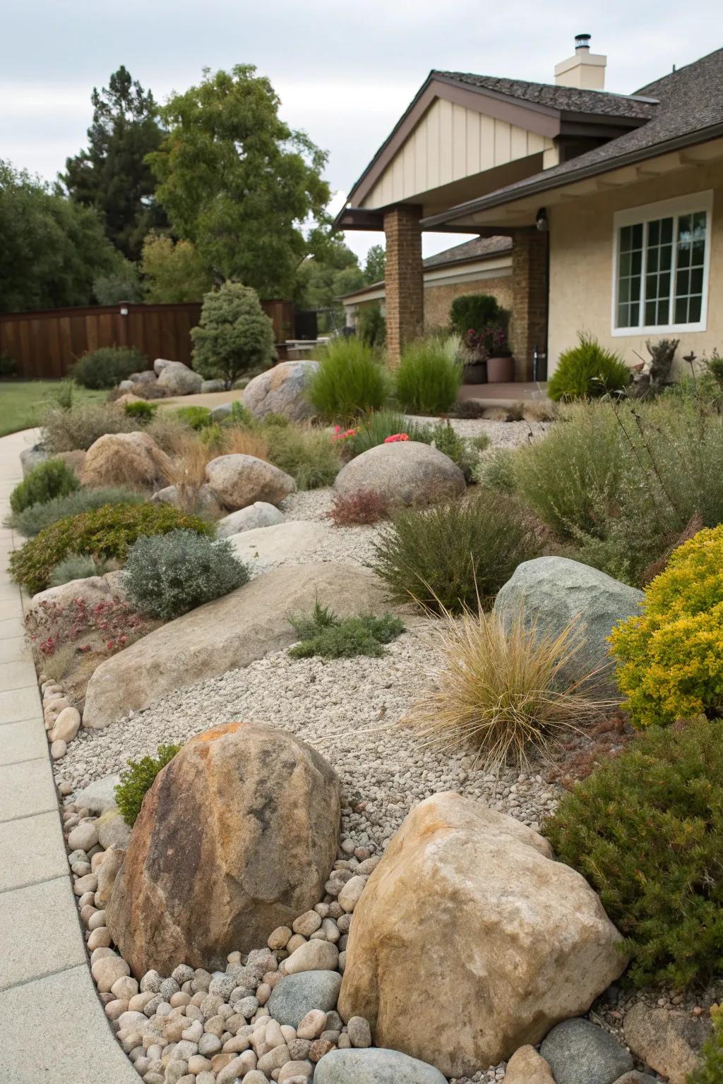 Rock gardens add rugged textures and low-maintenance beauty.