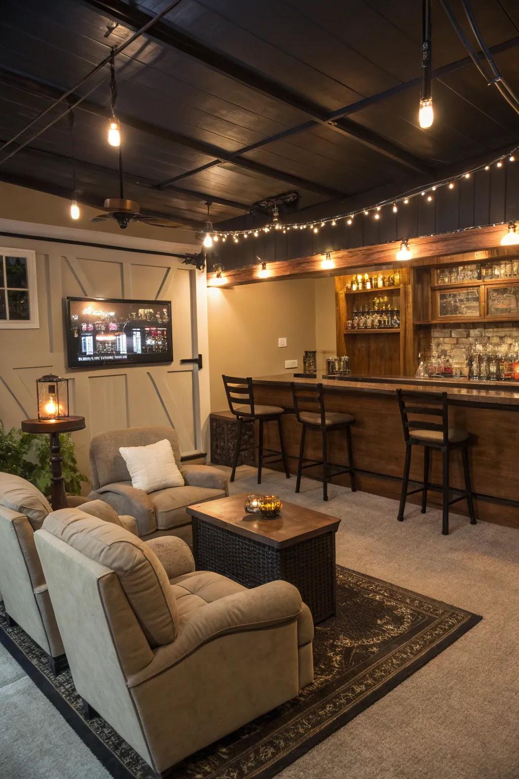 A lively entertainment area inside a garage.