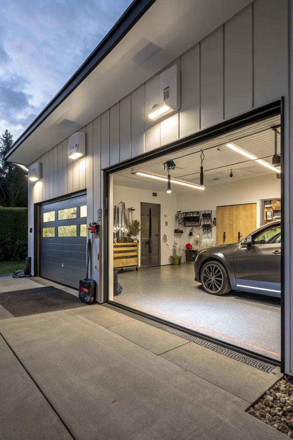 High-tech additions enhance convenience and modernity in the garage.