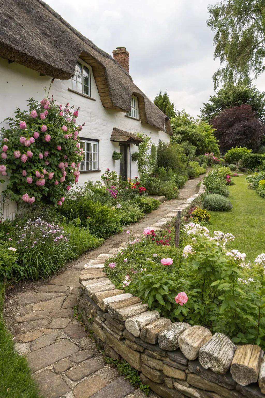 Stacked stone edging brings cottage-style charm to any garden.