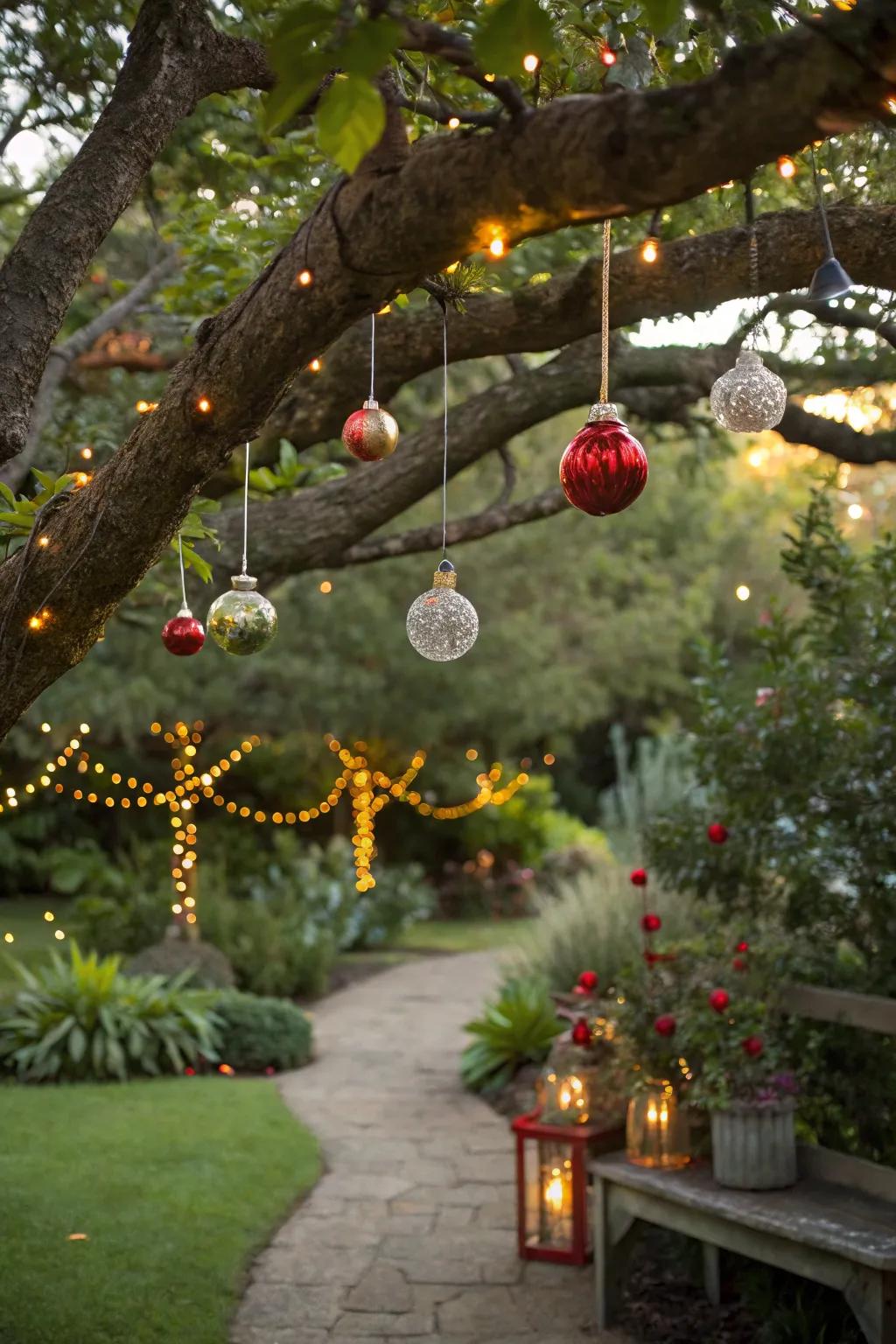 A garden tree decorated with seasonal ornaments.