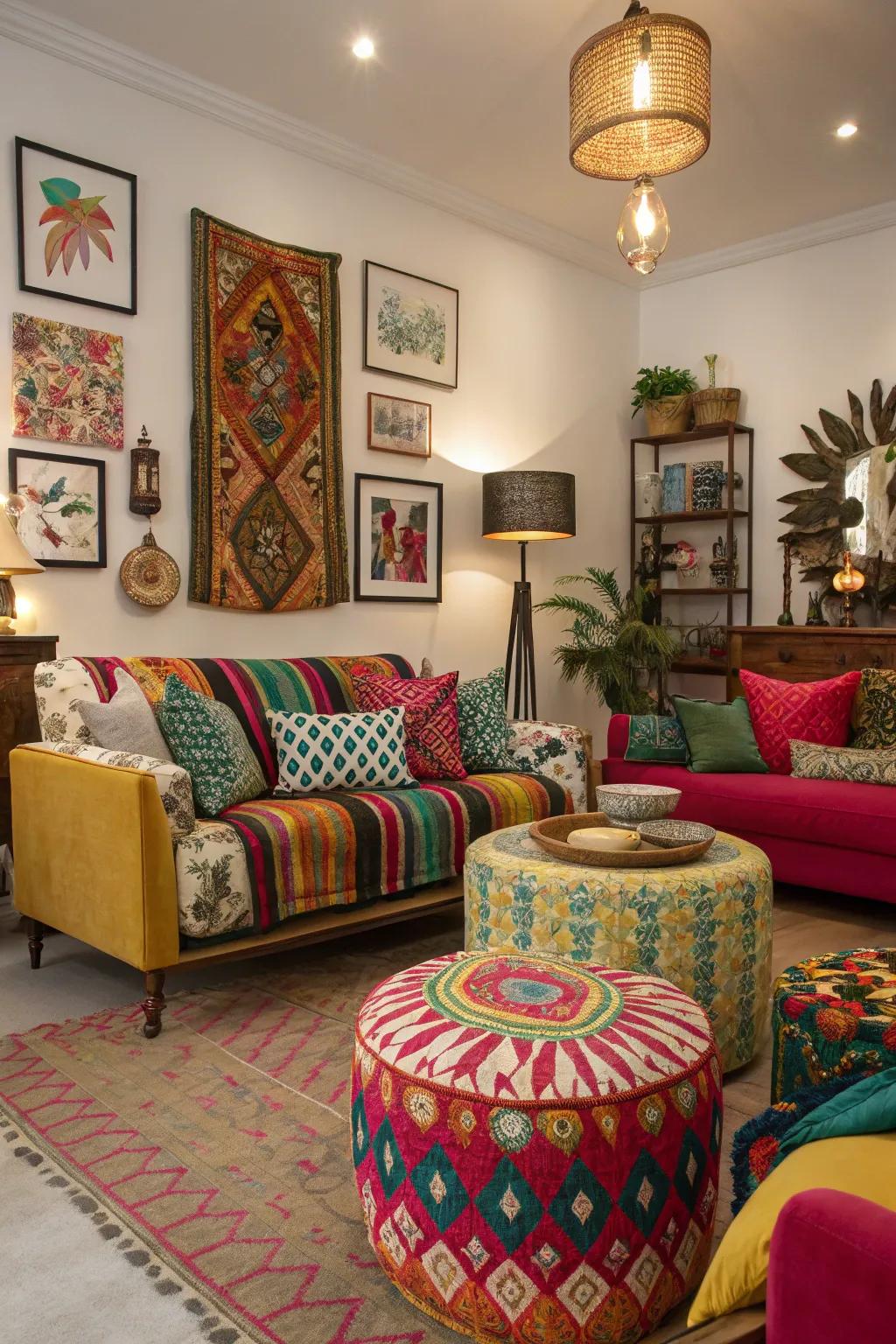 A vibrant living room with an eclectic mix of patterns.