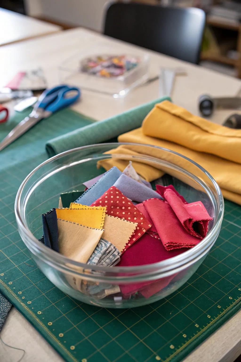 A tactile display of fabric and textures in a glass bowl.