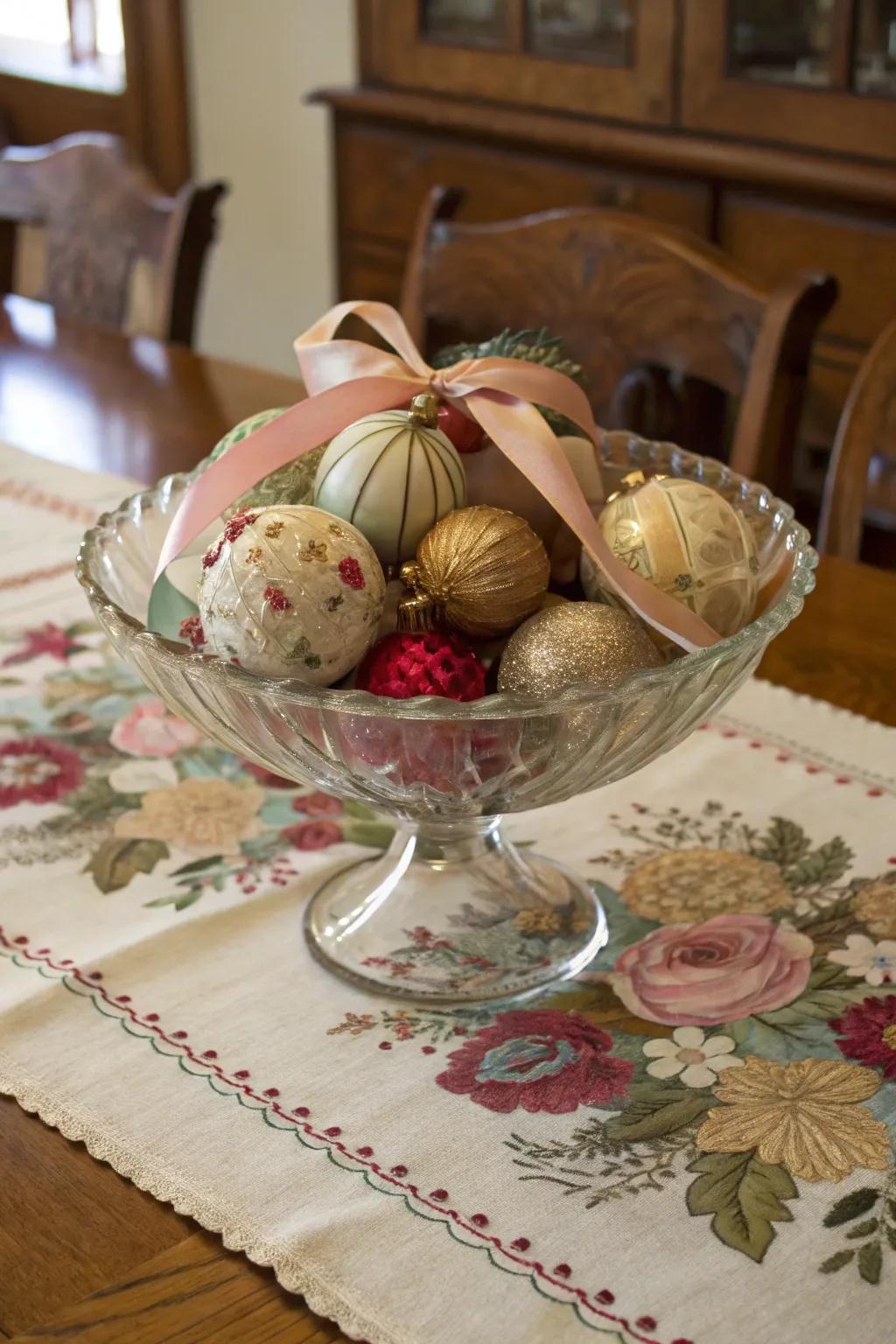 Antique glass ornaments create an elegant display.