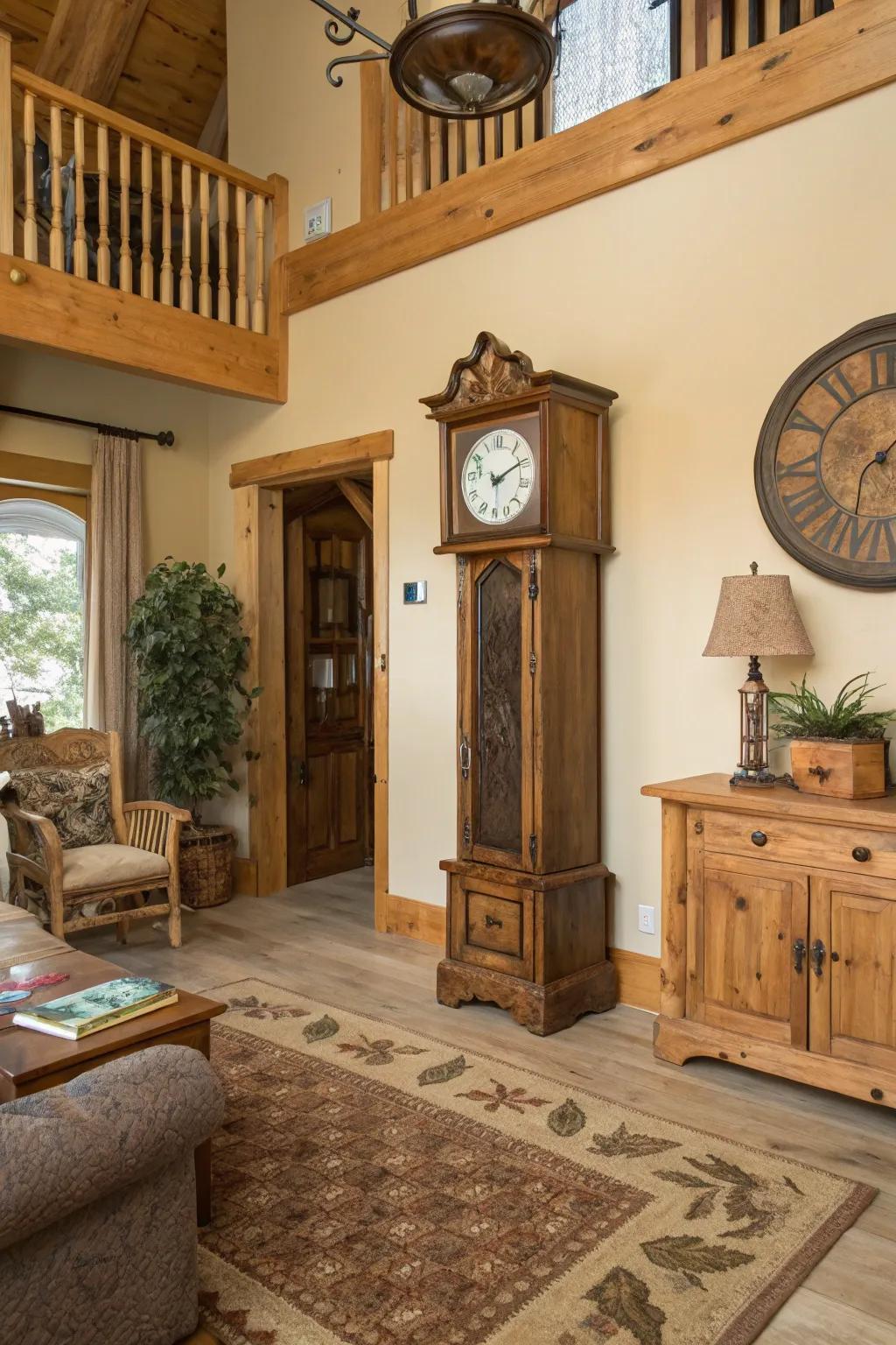 A grandfather clock complements the rustic charm of a cozy retreat.