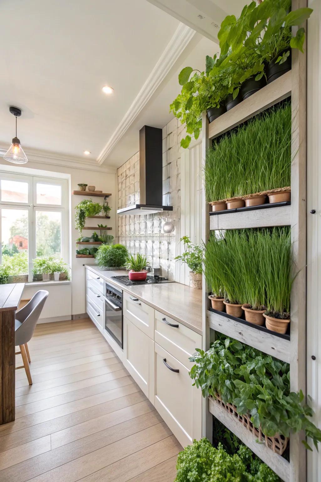 A grass wall doubles as a vertical herb garden in the kitchen, offering fresh ingredients.
