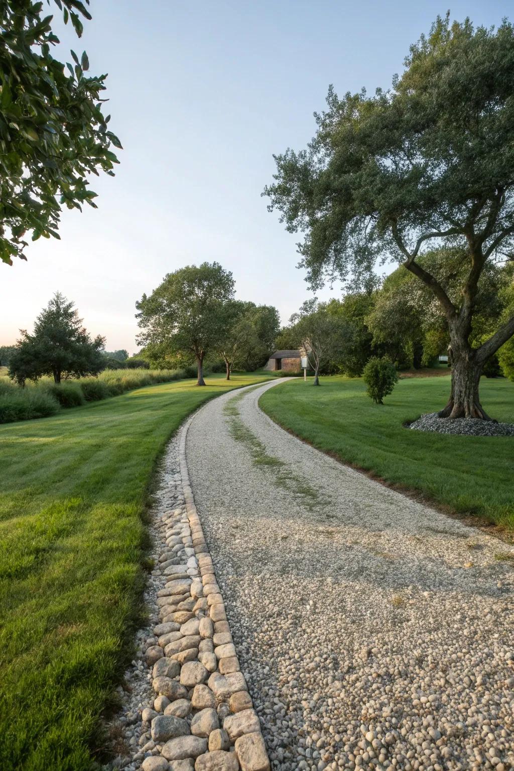 Natural stone paths add texture and guidance to gravel driveways.