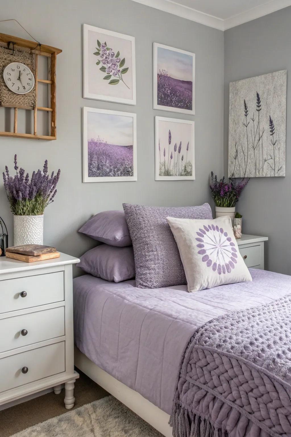 A serene gray bedroom with soothing lavender touches.