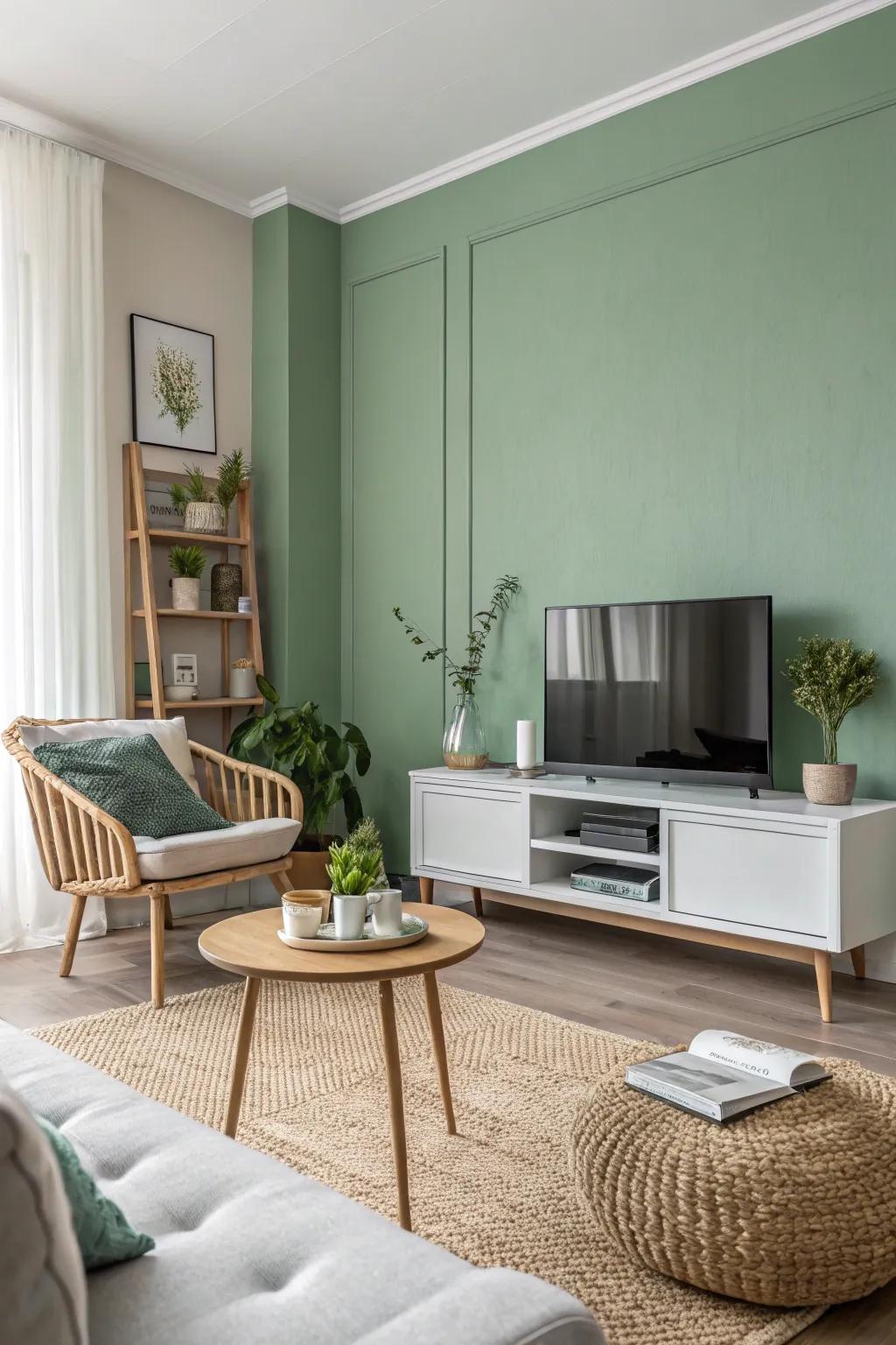 A muted green wall brings subtle elegance to this minimalist space.