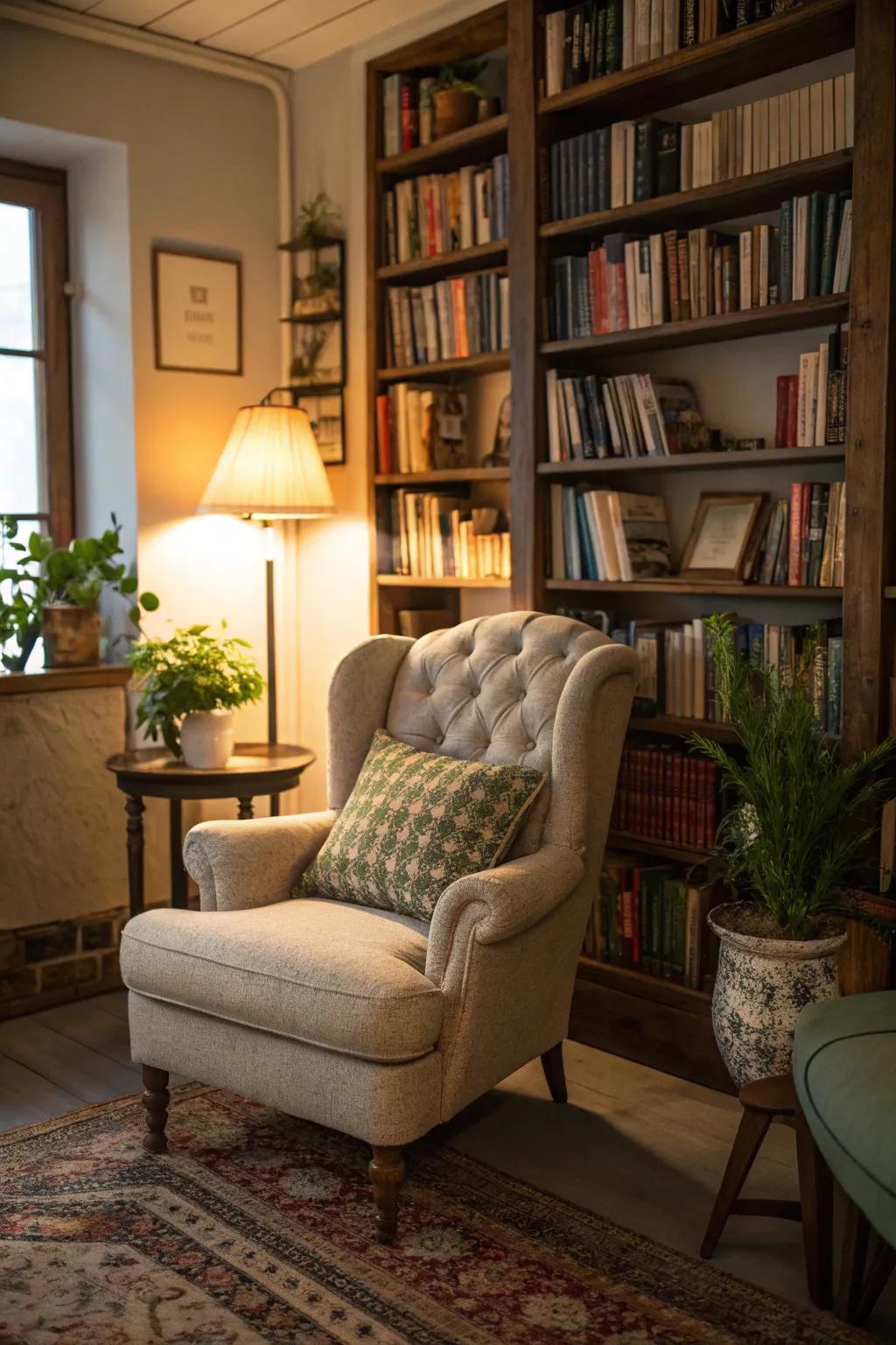 A reading nook featuring a charming vintage armchair.