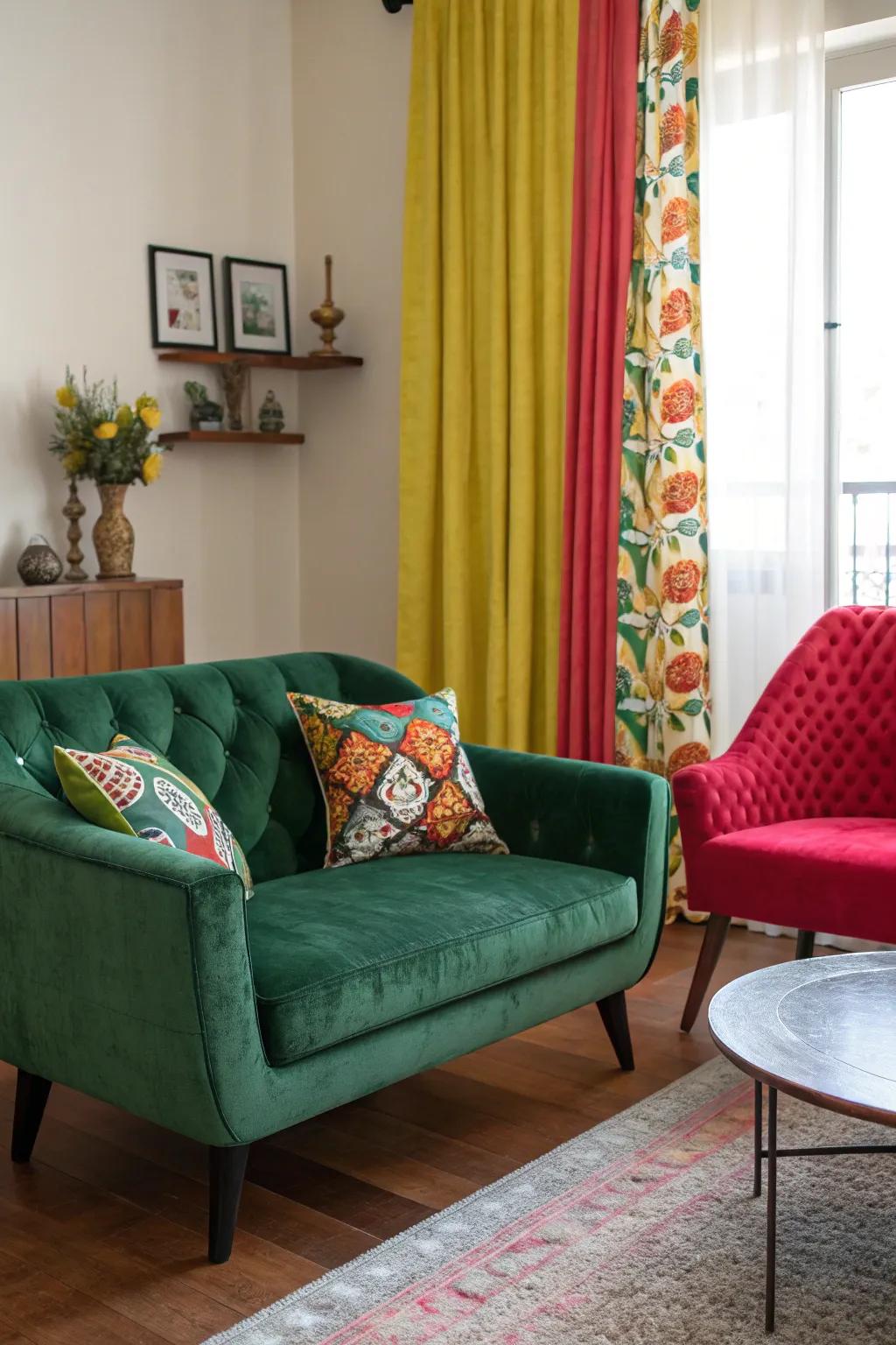 A playful living room with a green velvet couch and colorful accents.