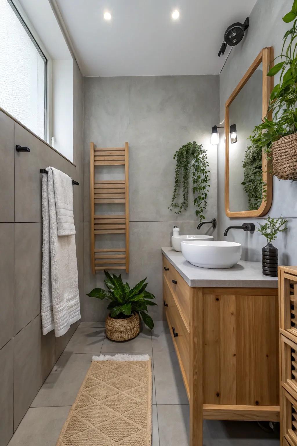 Dove grey walls offer a chic and simple backdrop in this minimalist bathroom.