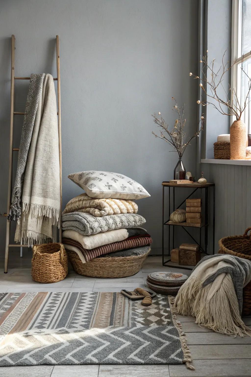 Layered textiles bring coziness to this inviting grey room.