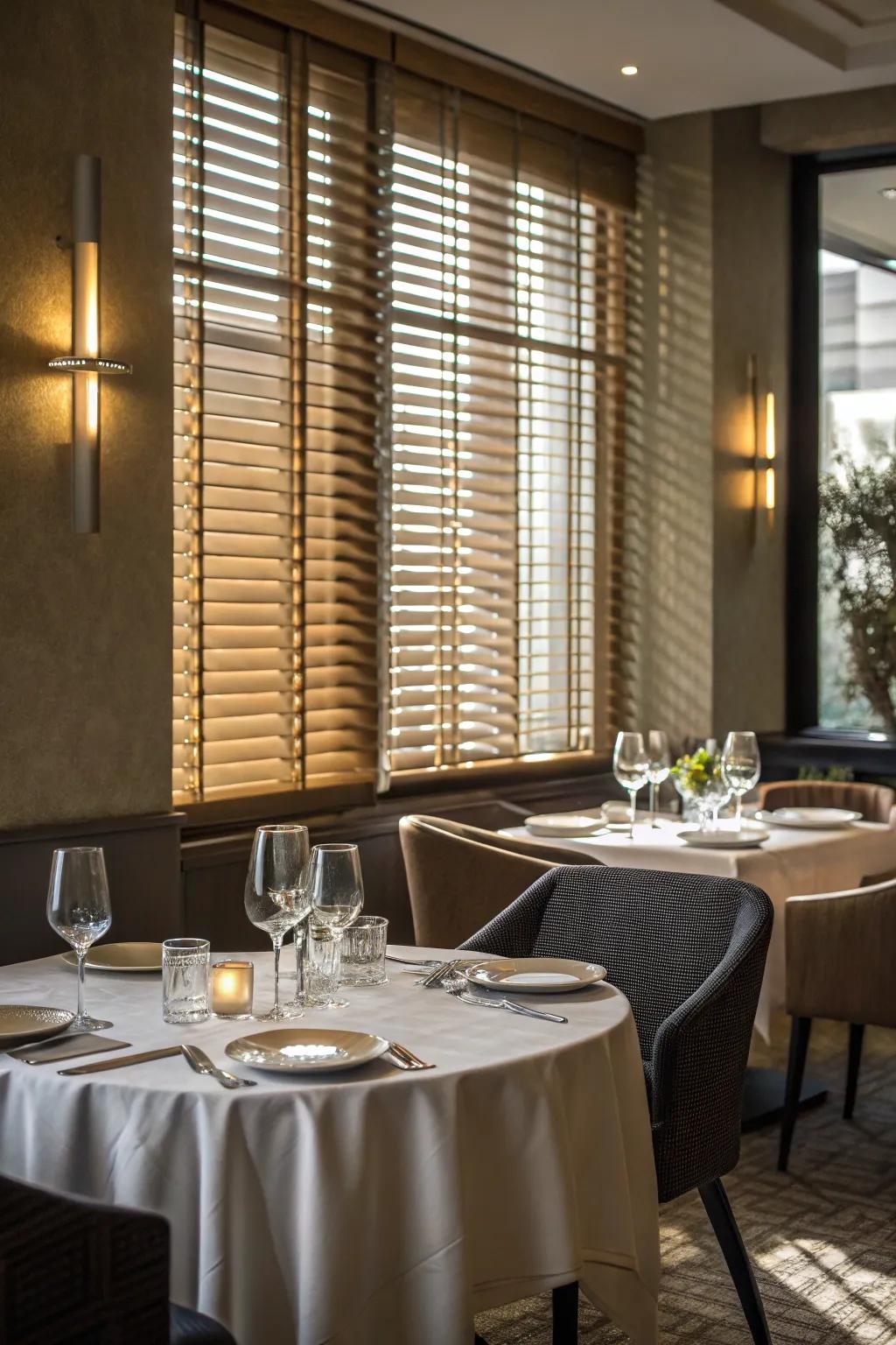 Elegant dining room with half Venetian blinds.