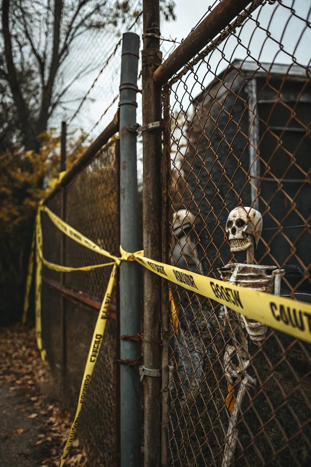 A frightful fence adorned with caution tape and skeletons.