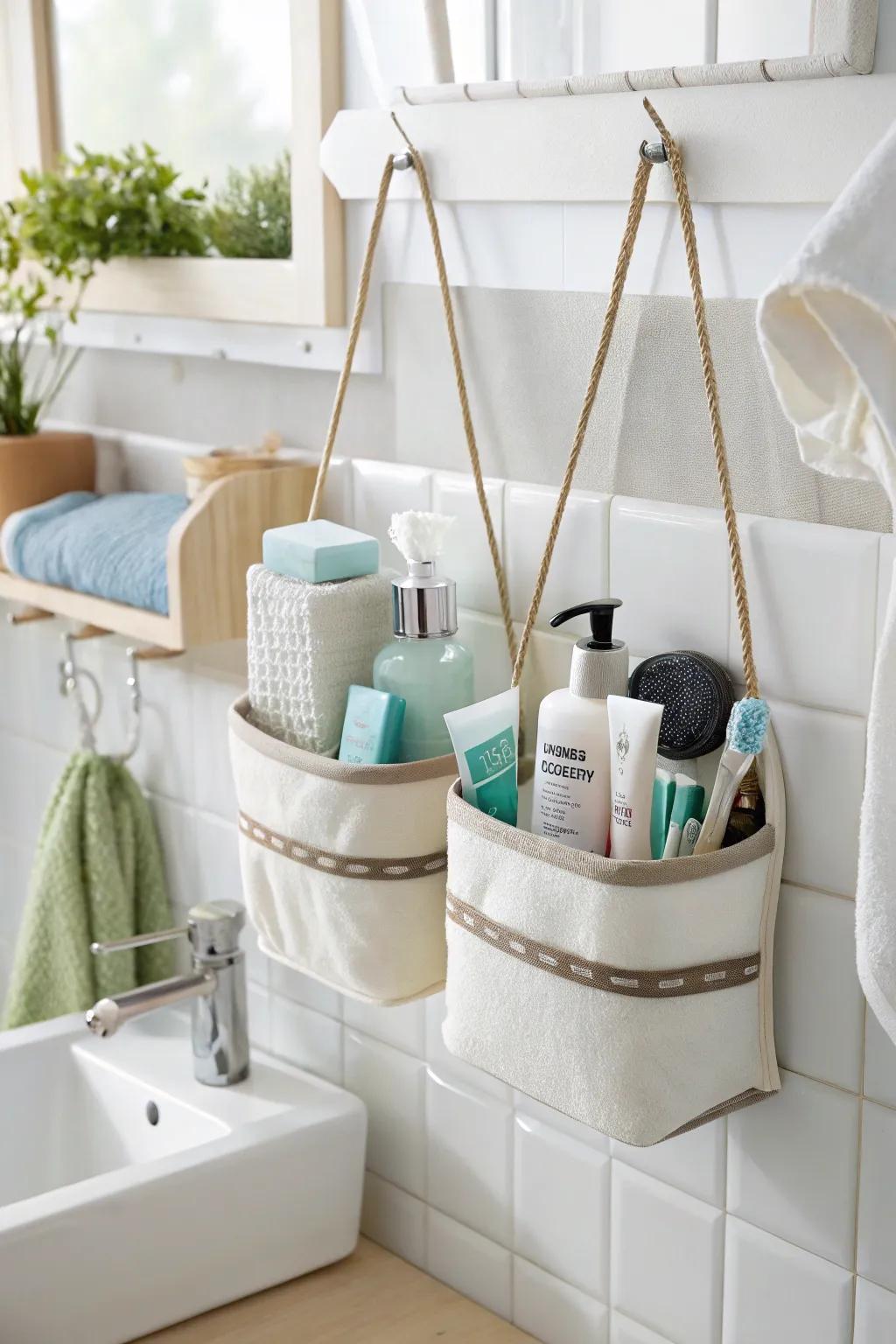 Streamline your bathroom with hanging caddies.