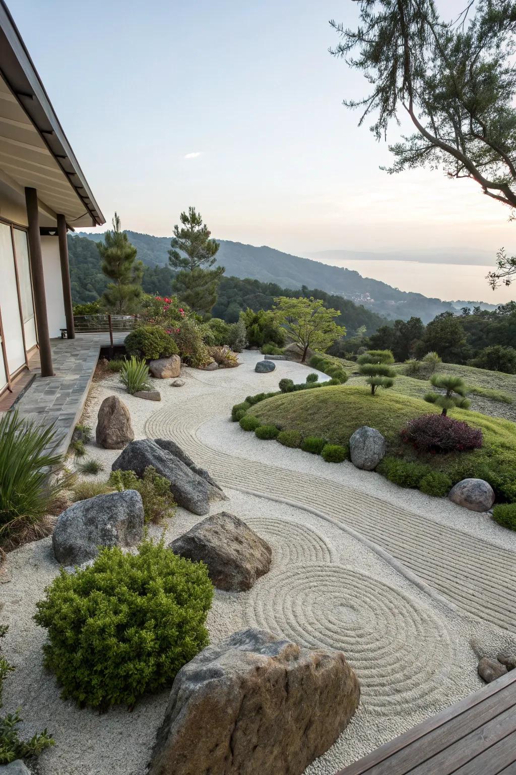 Zen gardens offer tranquility and simplicity to hillside landscapes.