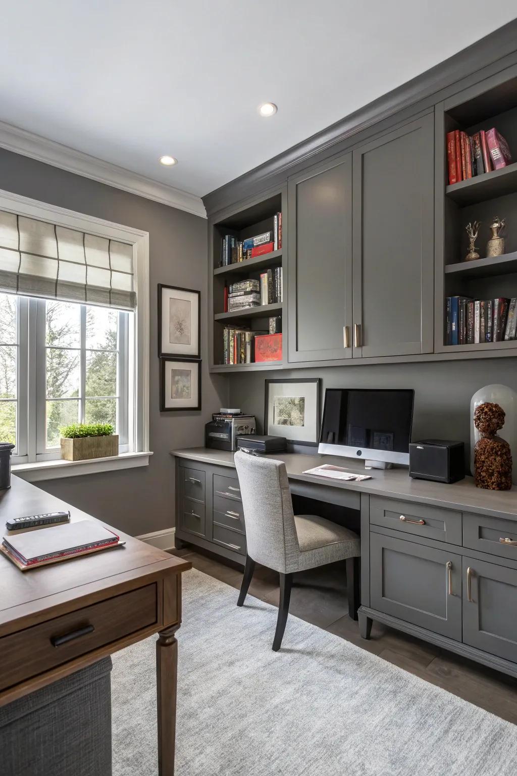 Gray walls create a balanced and professional look in this home office.