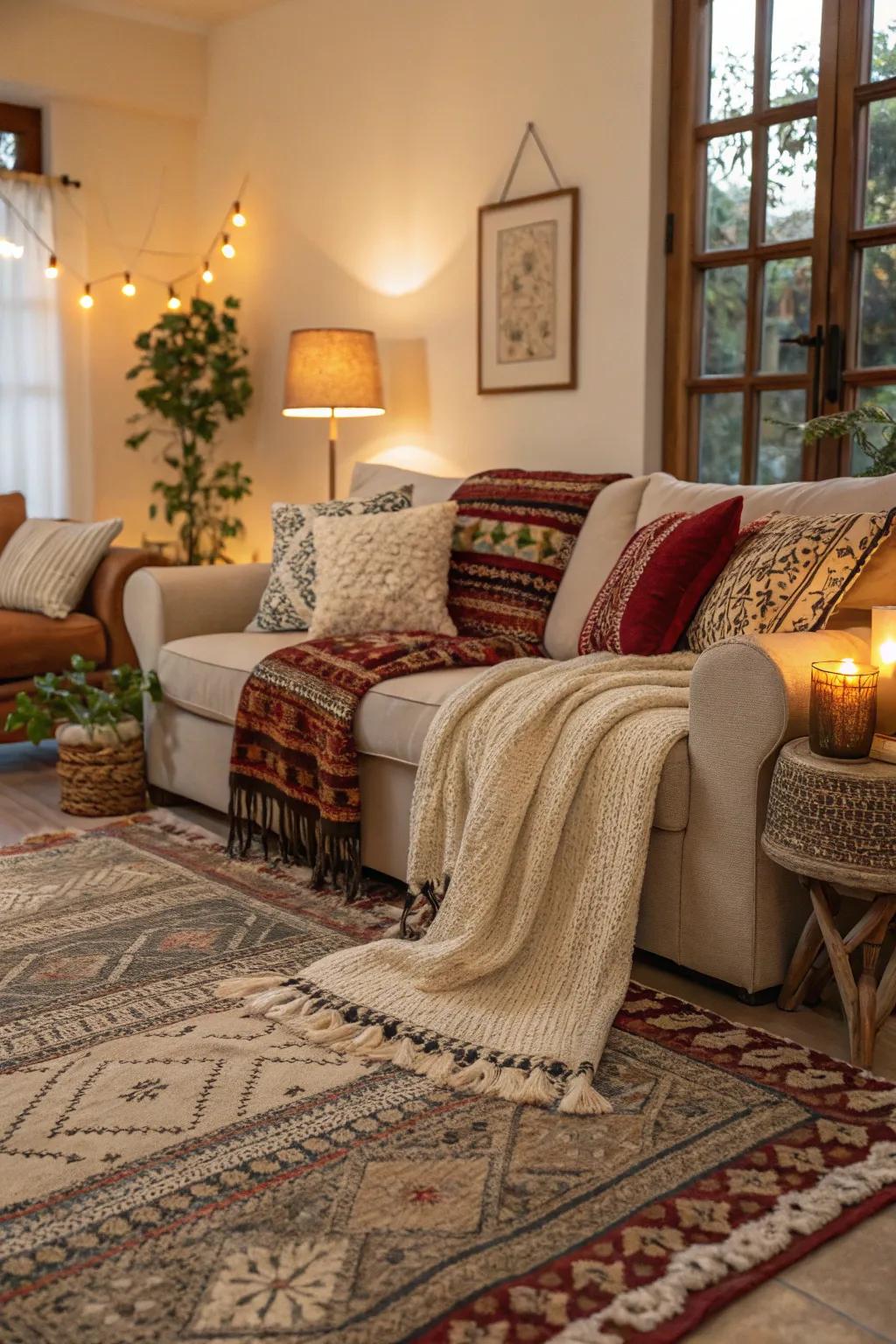 A room transformed with the addition of textured rugs and textiles.