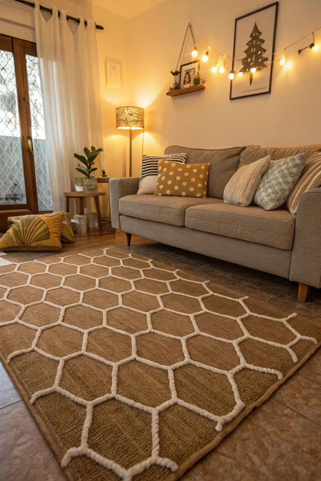 Enhance your floor with a honeycomb-patterned rug.