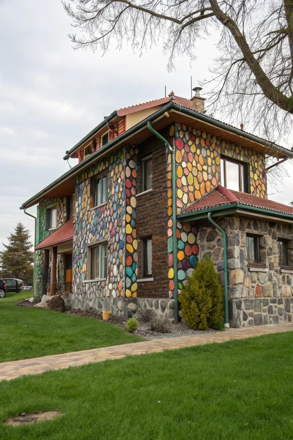 A vibrant facade with colorful stone choices.