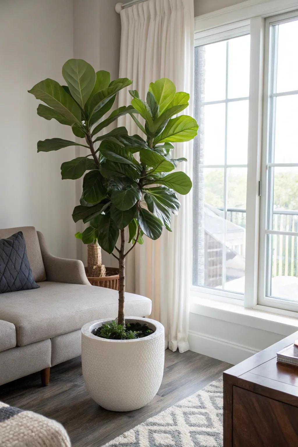 Fiddle Leaf Fig making a dramatic statement in the living room.