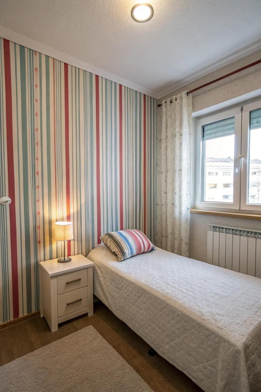 Vertical stripes in wallpaper create an illusion of height in a small bedroom.