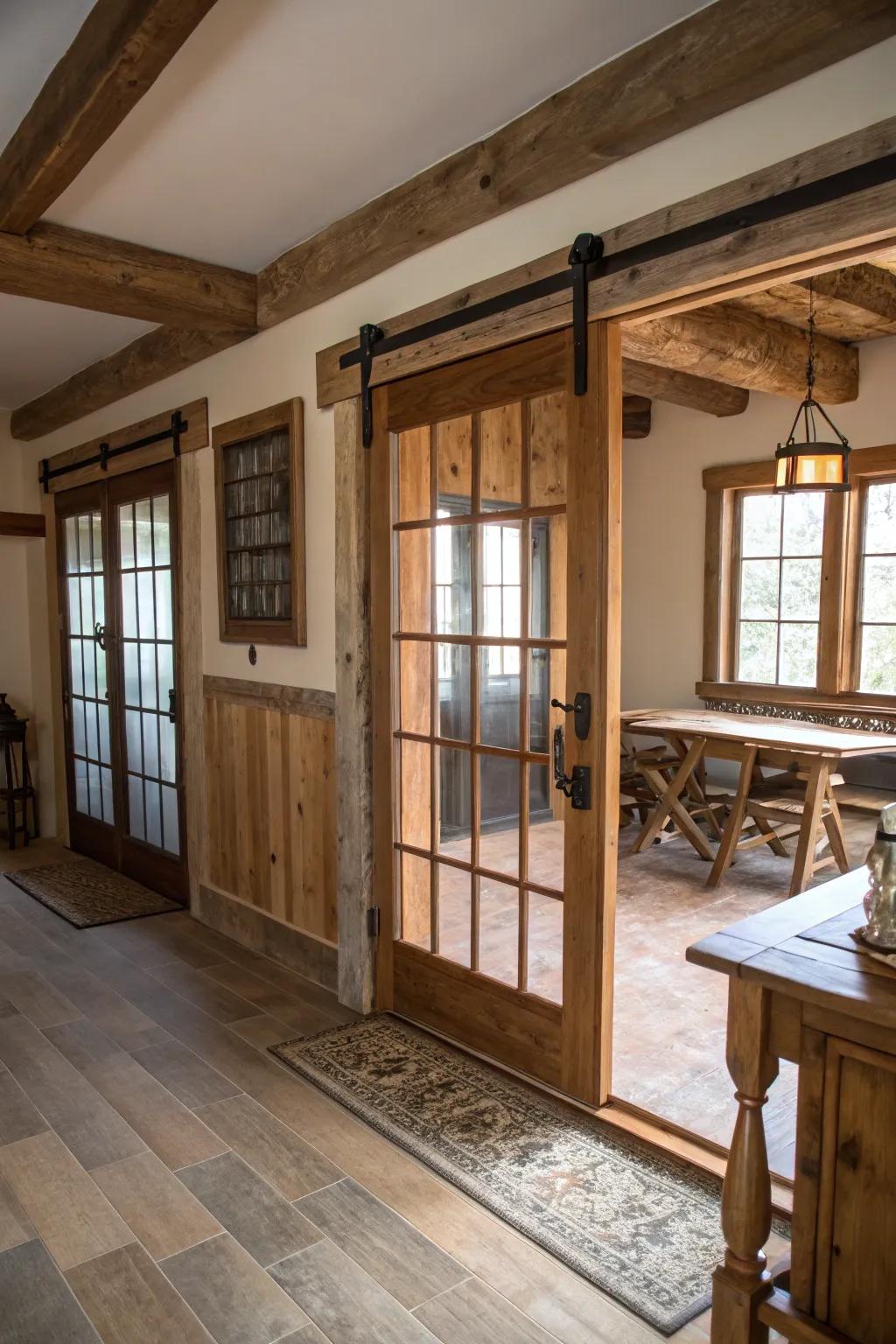 Barn door sliders add rustic charm and functionality to French doors.