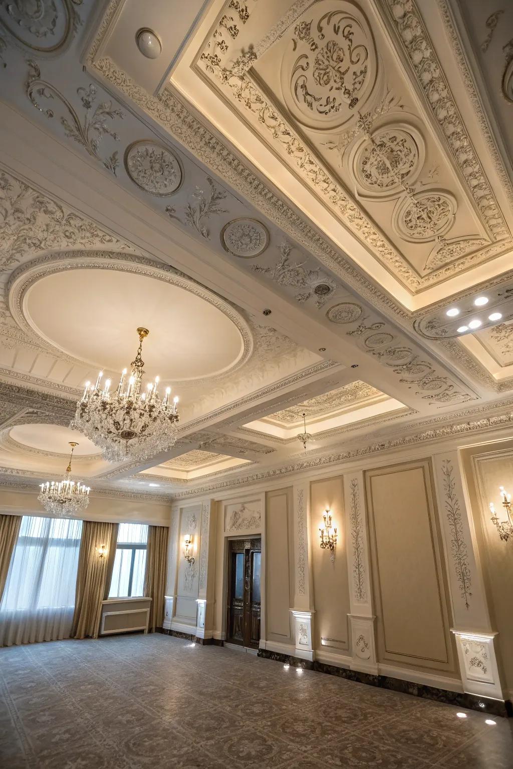 An elegant room featuring intricate ceiling moulding.