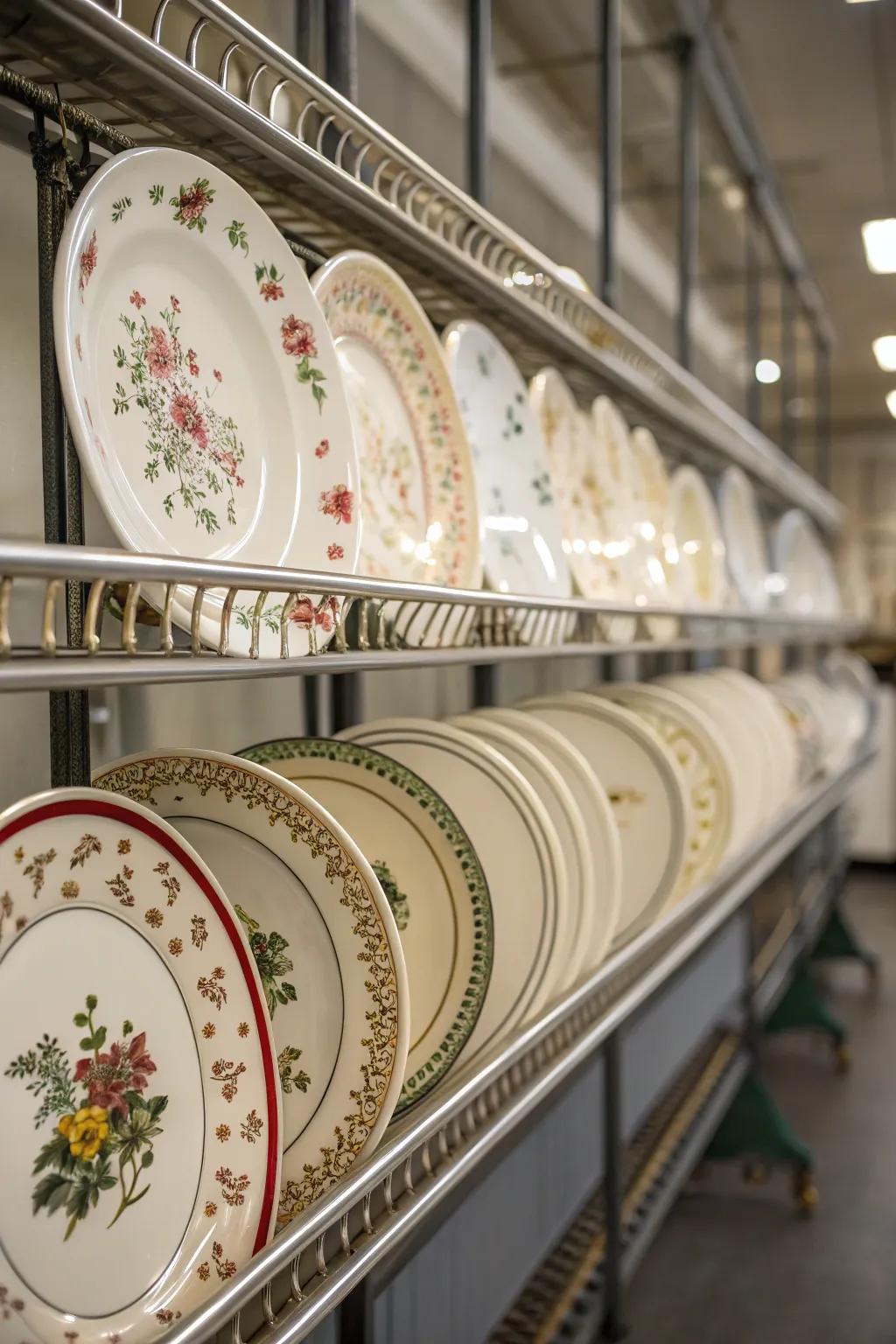 Suspended plate rails elegantly showcasing decorative china plates.