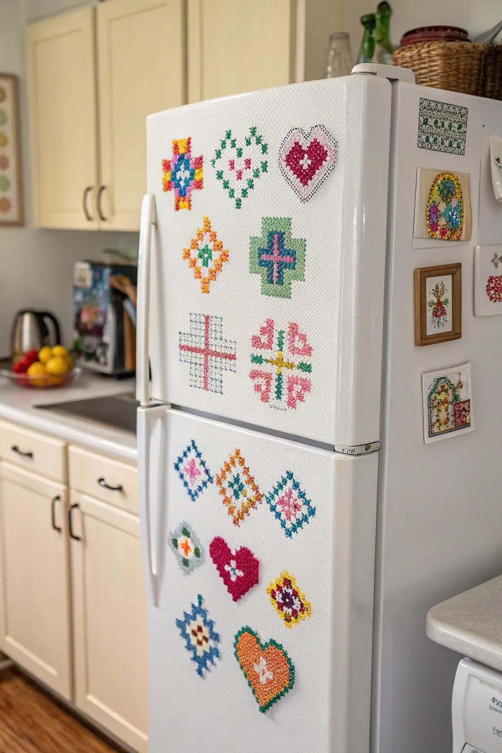 Cross stitch magnets bring color and charm to kitchen appliances