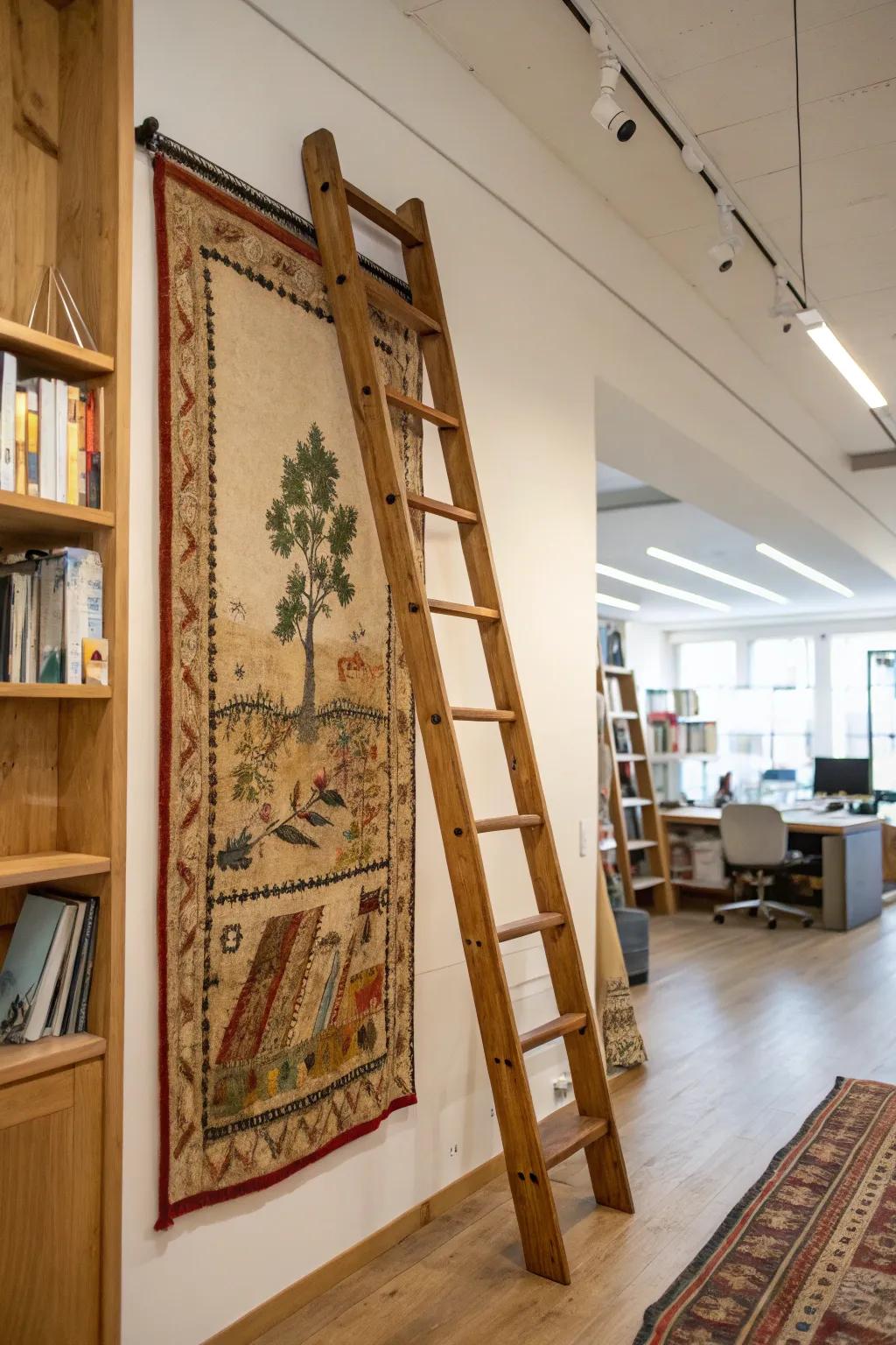 A ladder can provide a unique and rustic tapestry display.