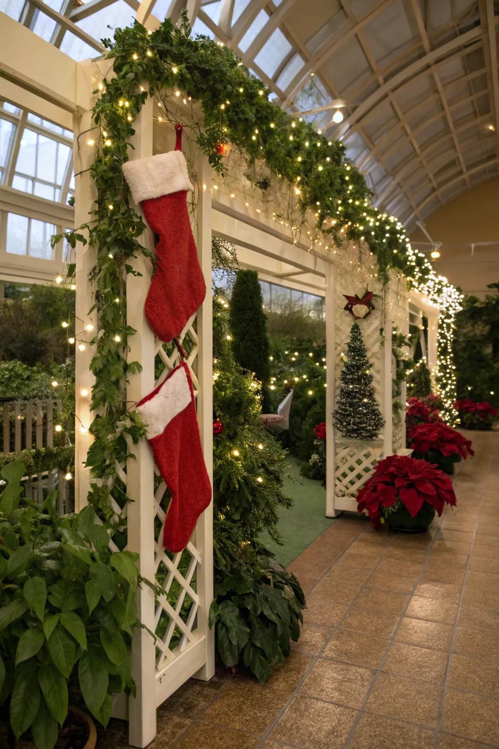 An indoor garden trellis offers a fresh and unexpected stocking display.