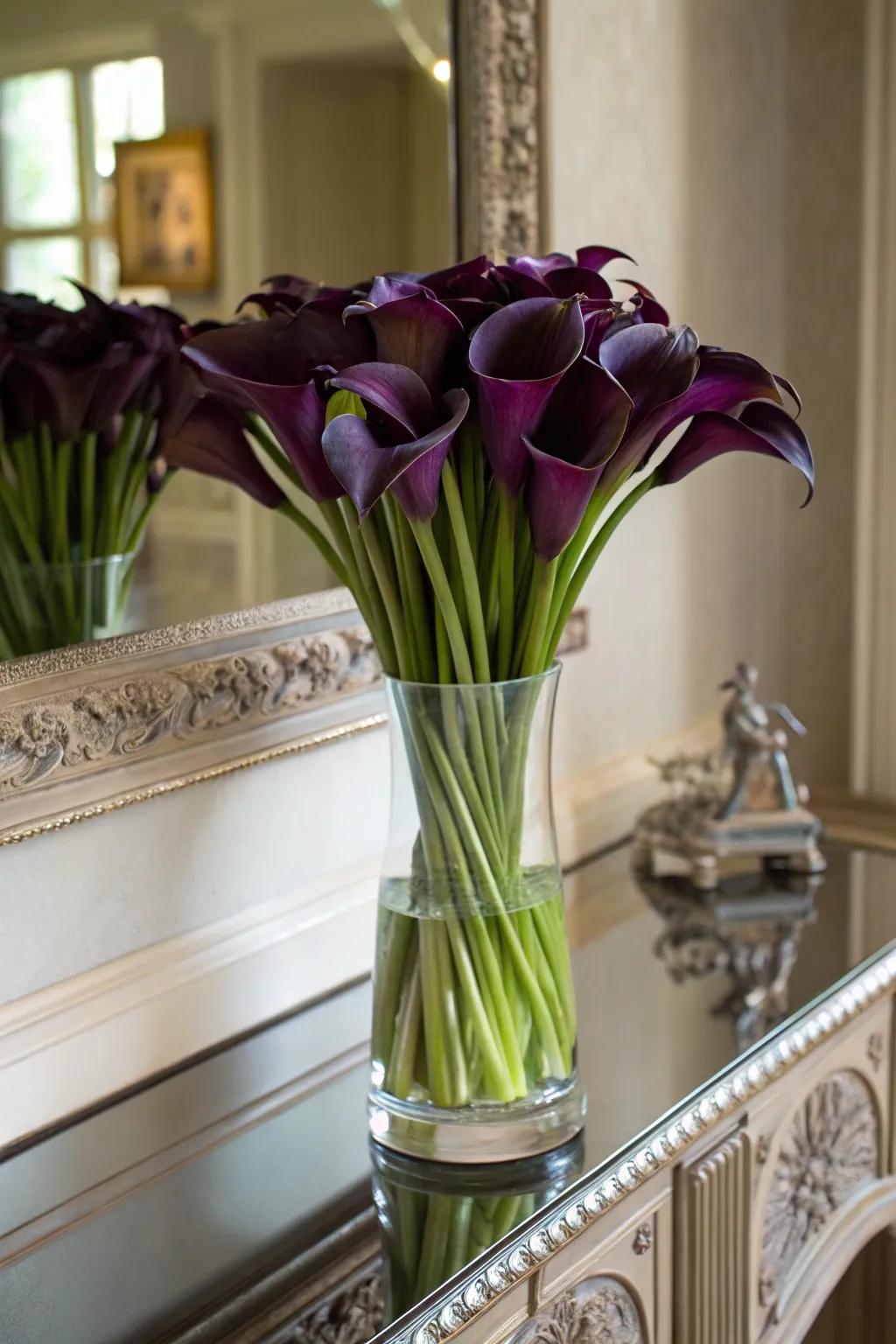 Dark blooms adding drama to a living room setting.