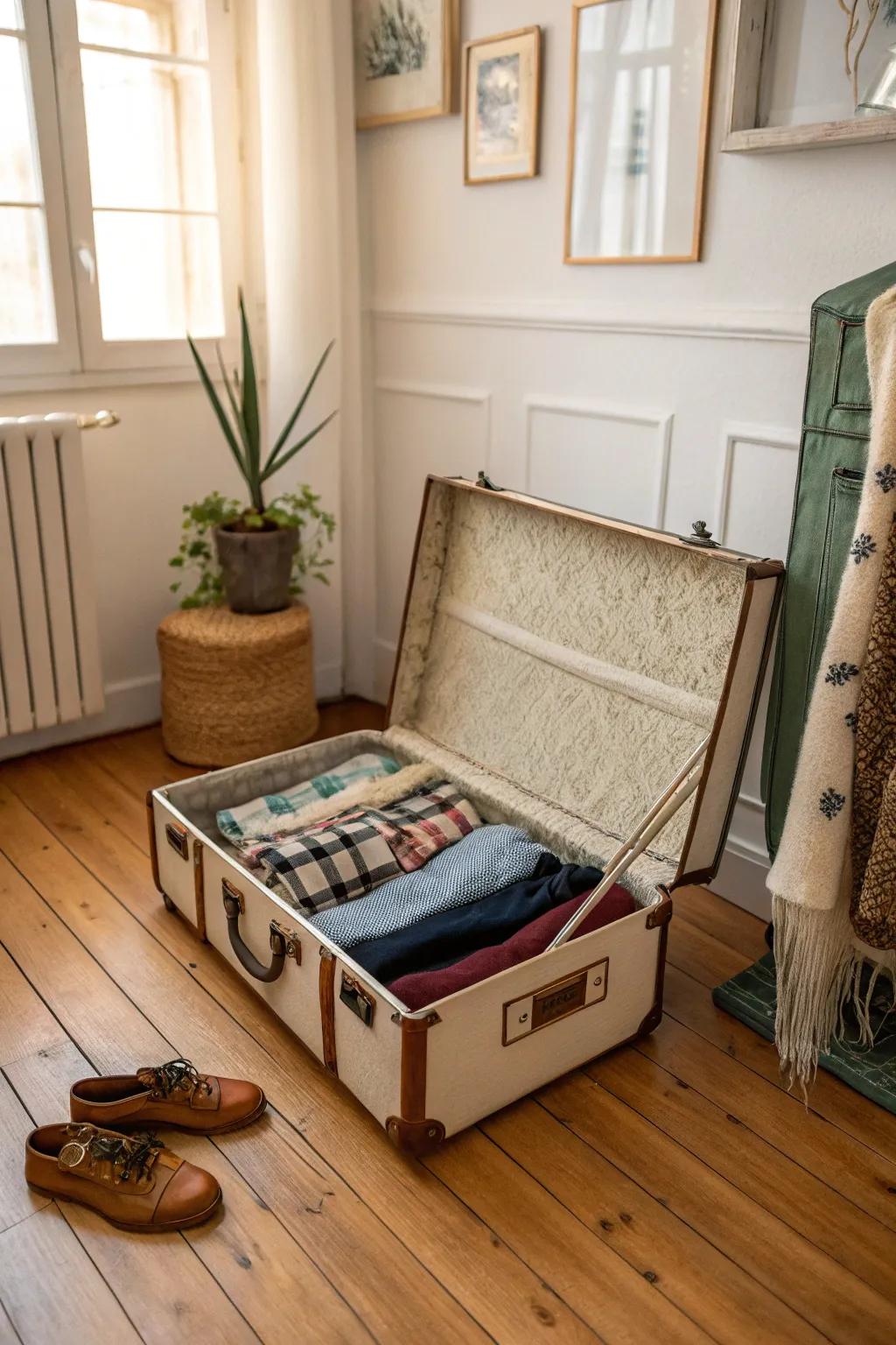 Repurpose a vintage suitcase for a unique leggings storage solution.