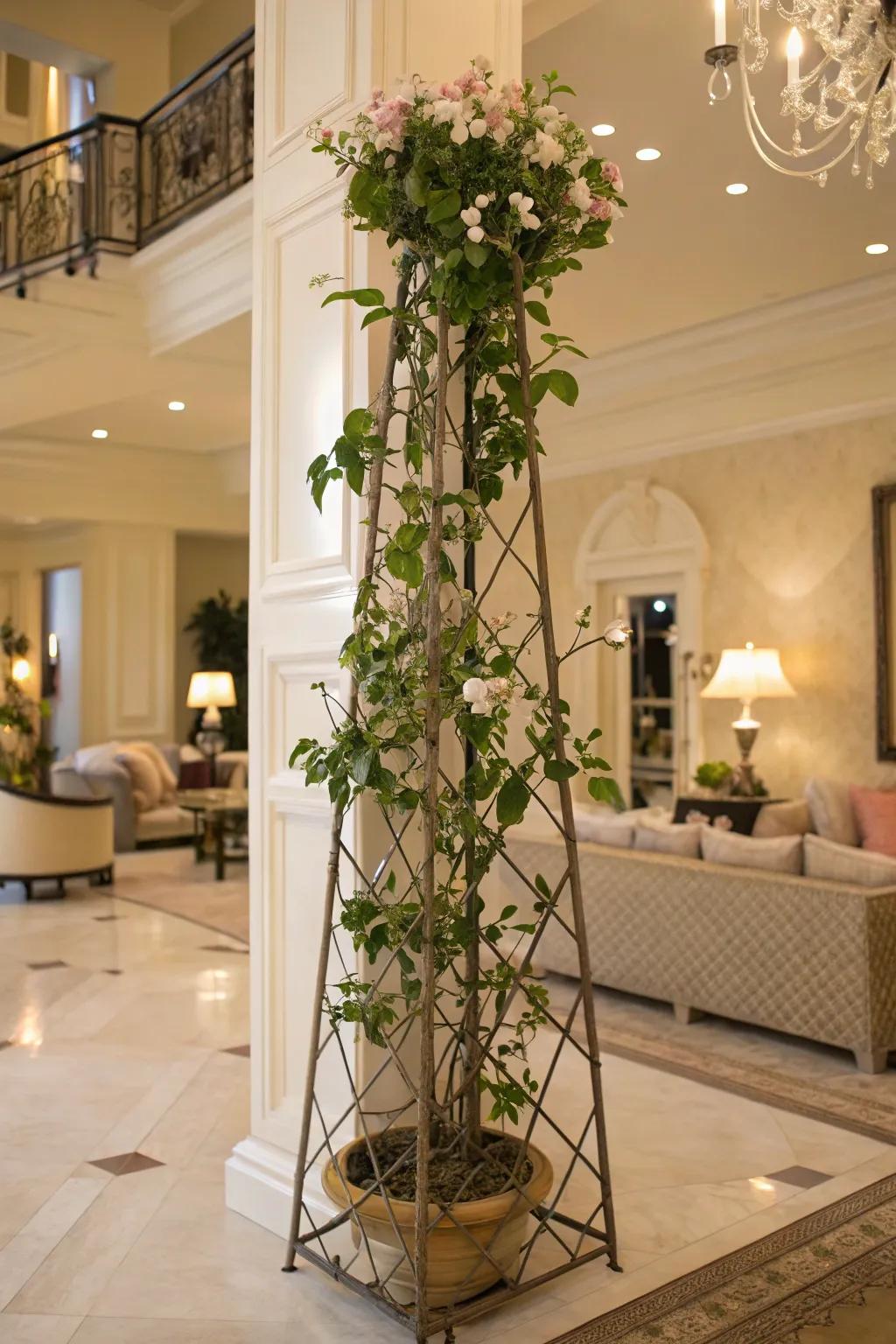 A luxurious home with a Hoya plant on a freestanding obelisk trellis.