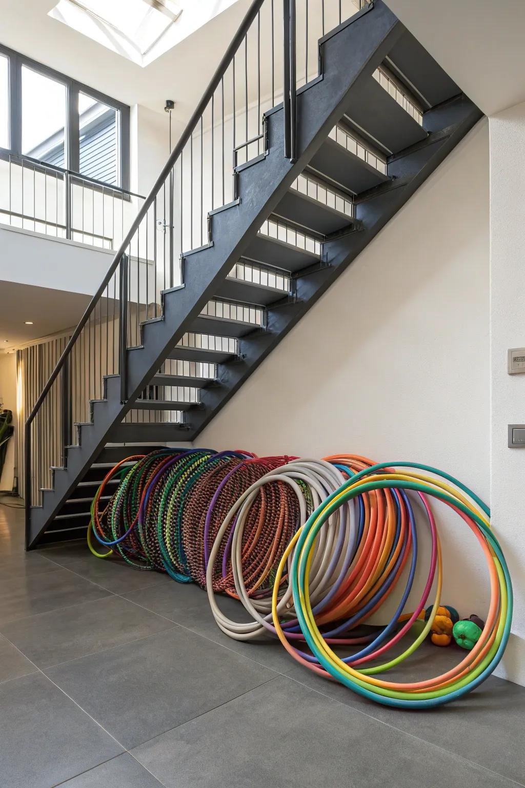 Hula hoops cleverly stored under a staircase, utilizing often-overlooked space efficiently.