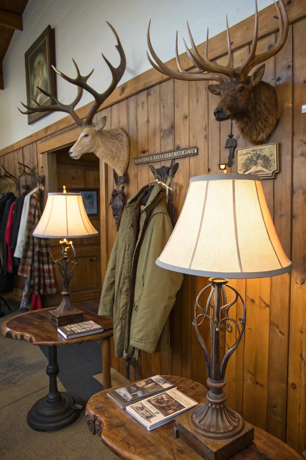 Antler decor merges functionality with rustic elegance.