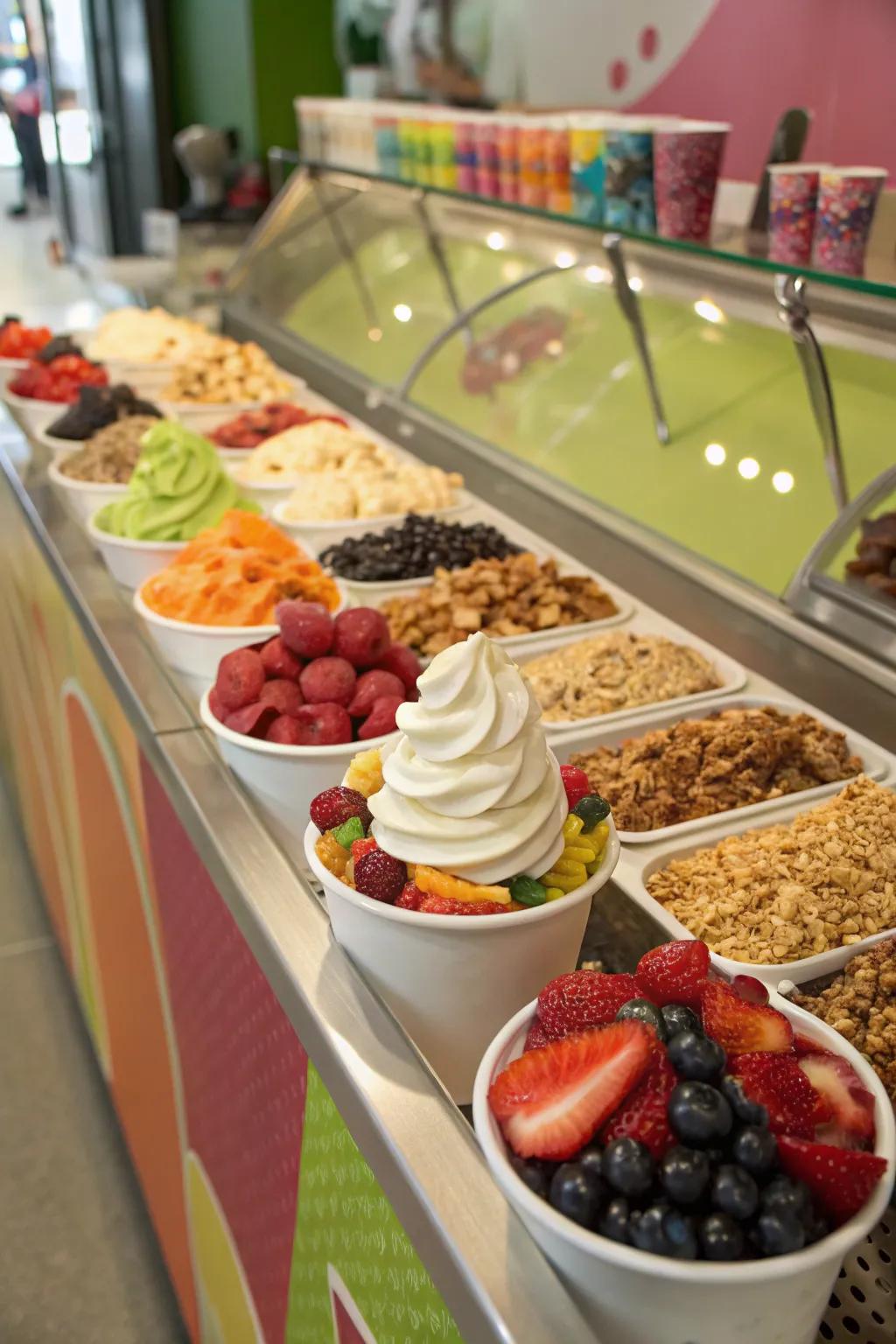 A frozen yogurt parfait station that provides a refreshing and healthy alternative.