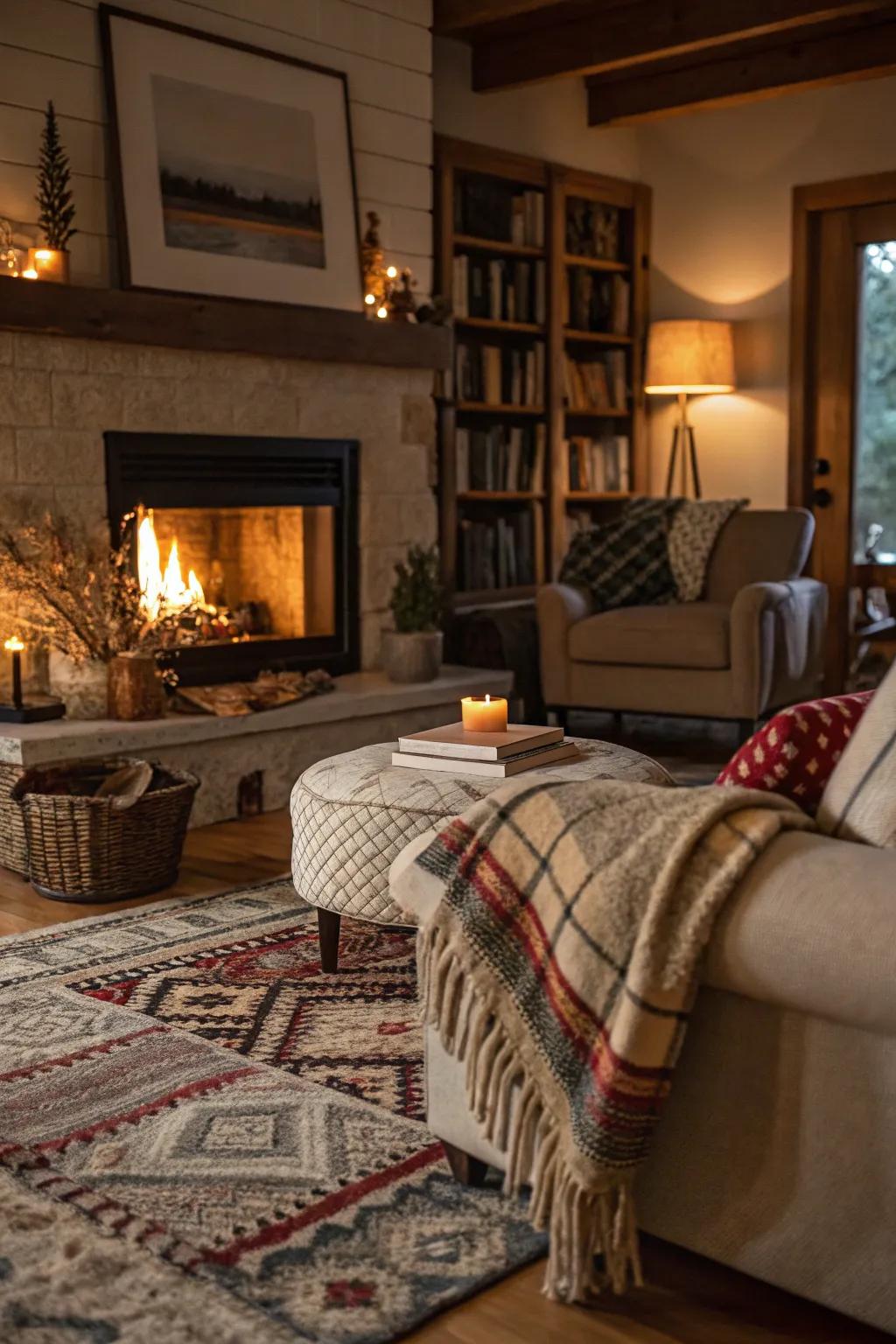 A cozy living room with a fireplace, enhanced by layered rugs and throws for added warmth.