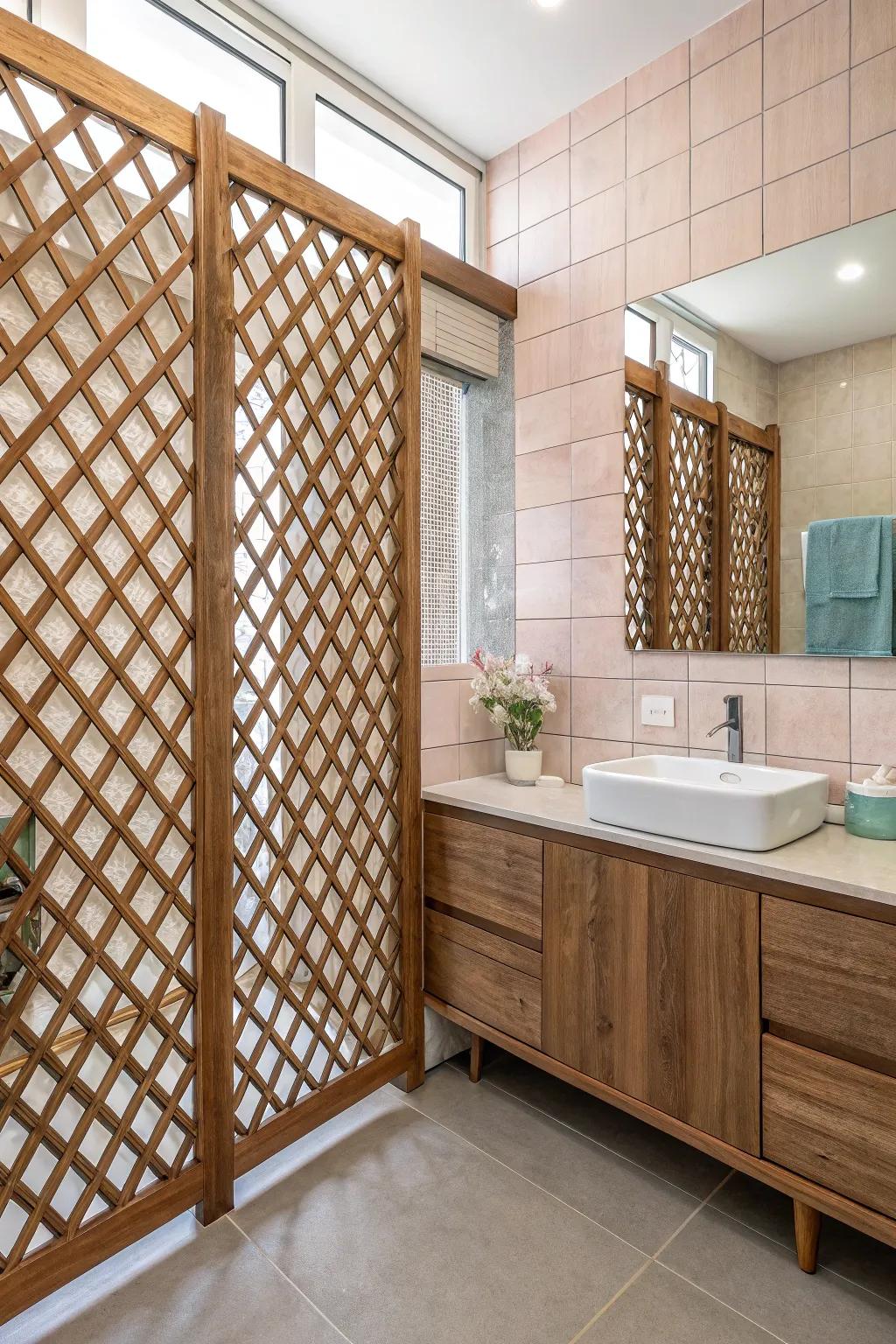 Lattice wall in the bathroom adding a touch of elegance and privacy.