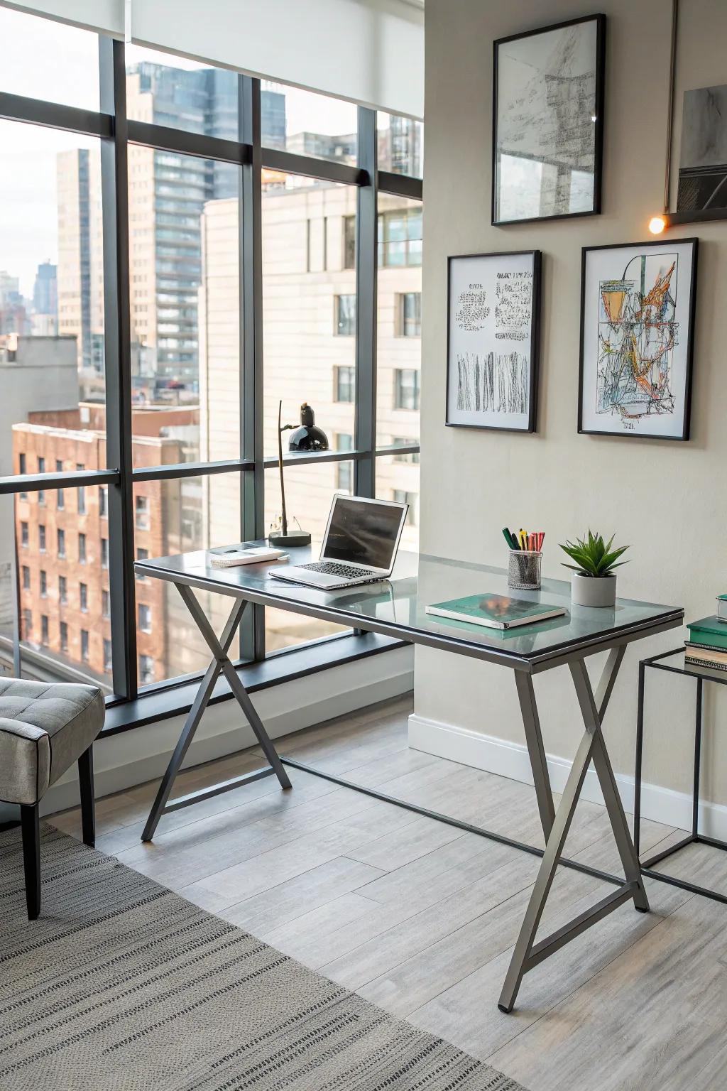 Glass and metal create a sleek, modern industrial desk.