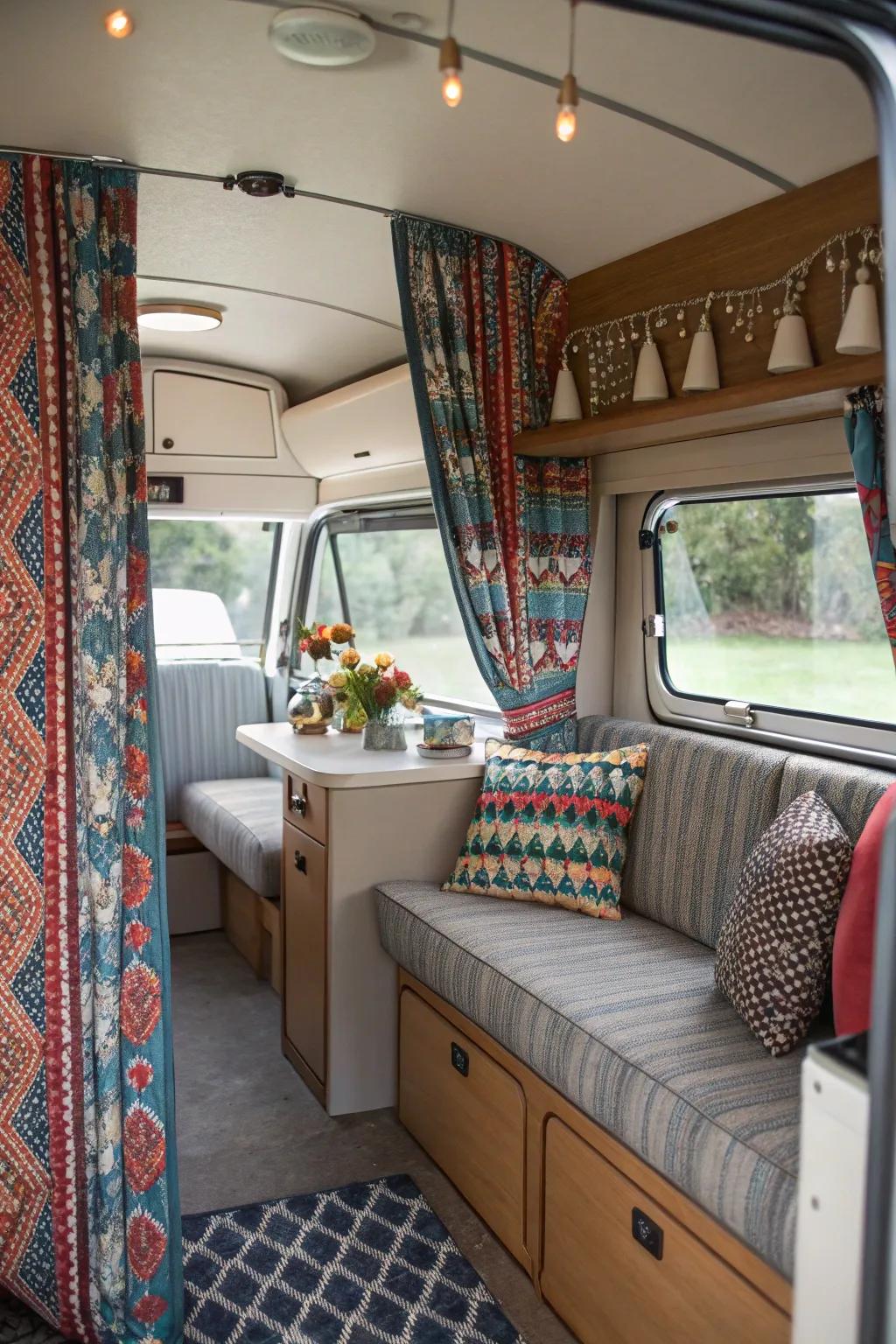 Patterned curtains adding visual interest and style to the camper.