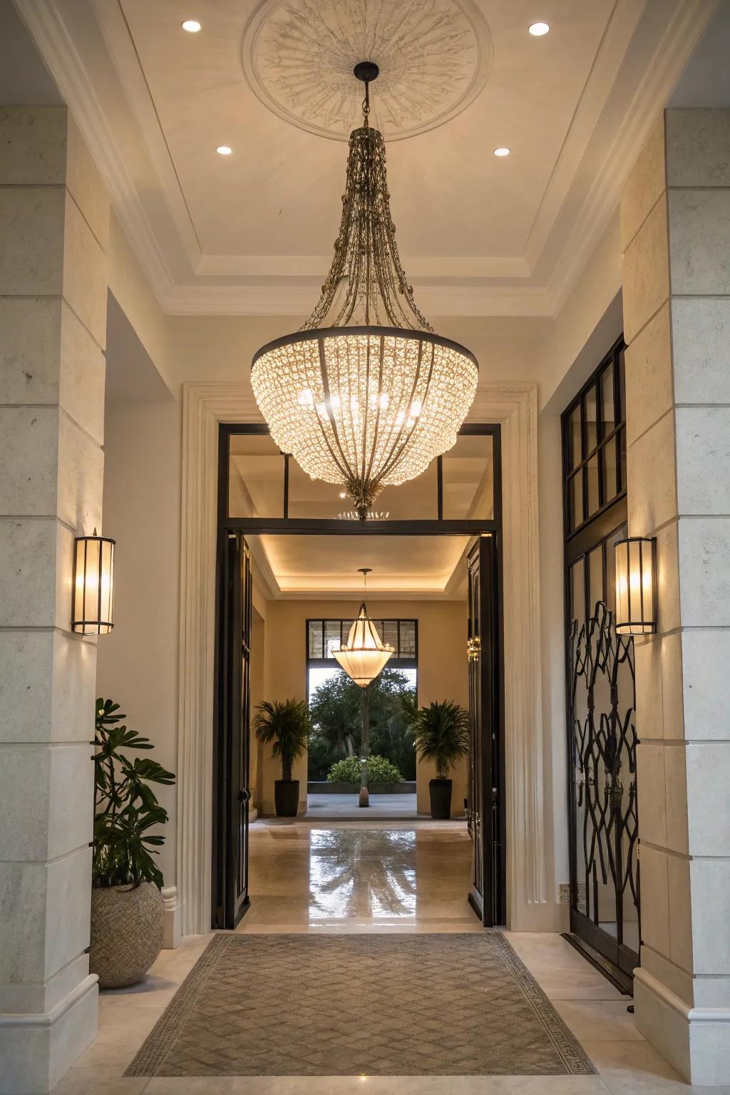 A decorative light fixture serving as art in an entryway.