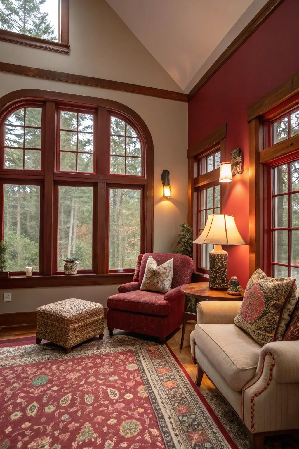 Deep red trims add warmth and coziness to your space.