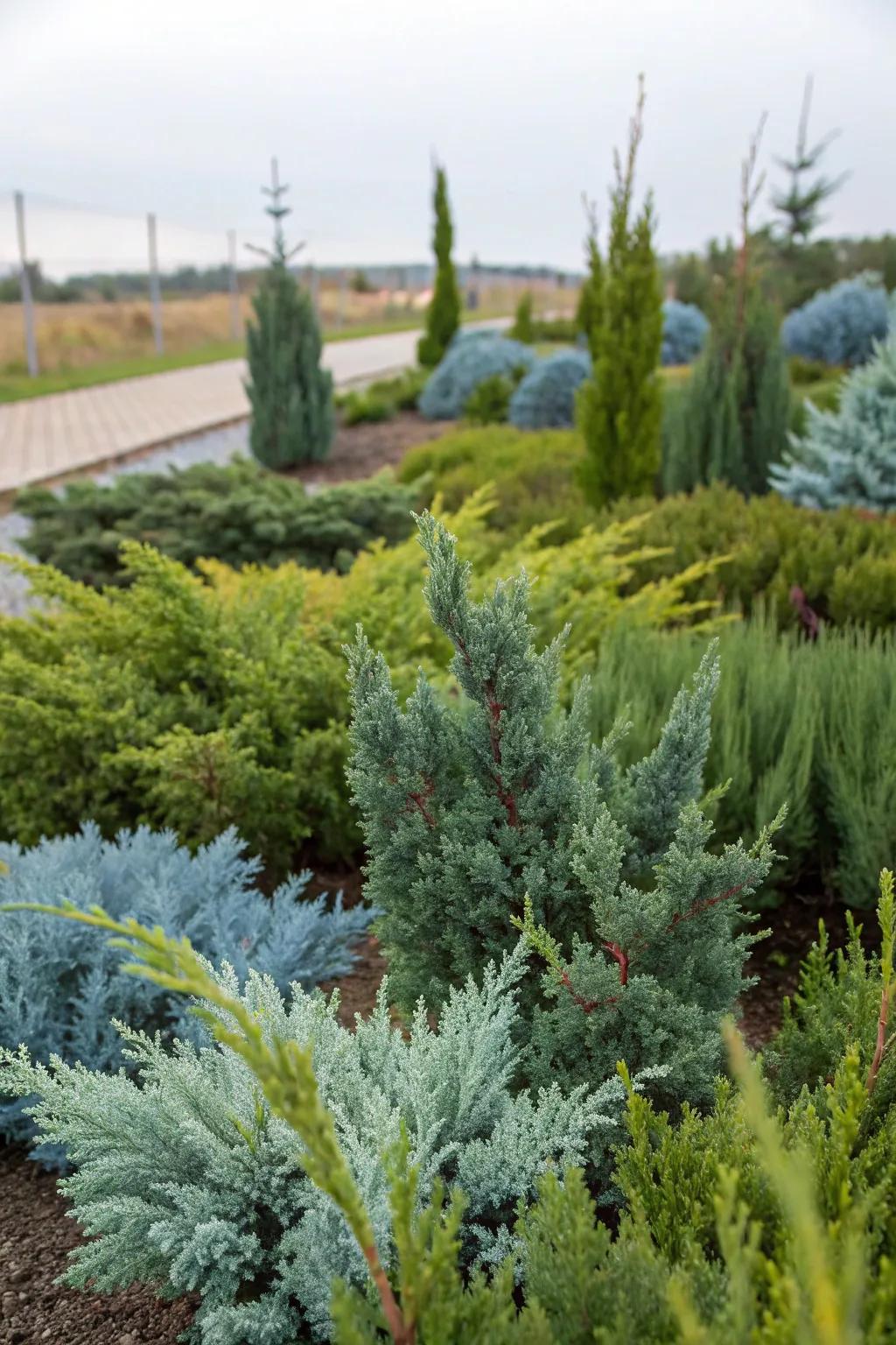 Dynamic garden palette with varied juniper foliage