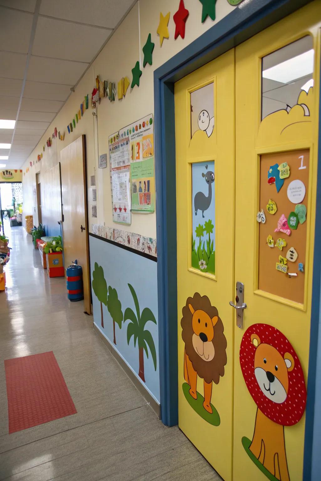 A kindergarten door with diverse animal cutouts for a playful theme.